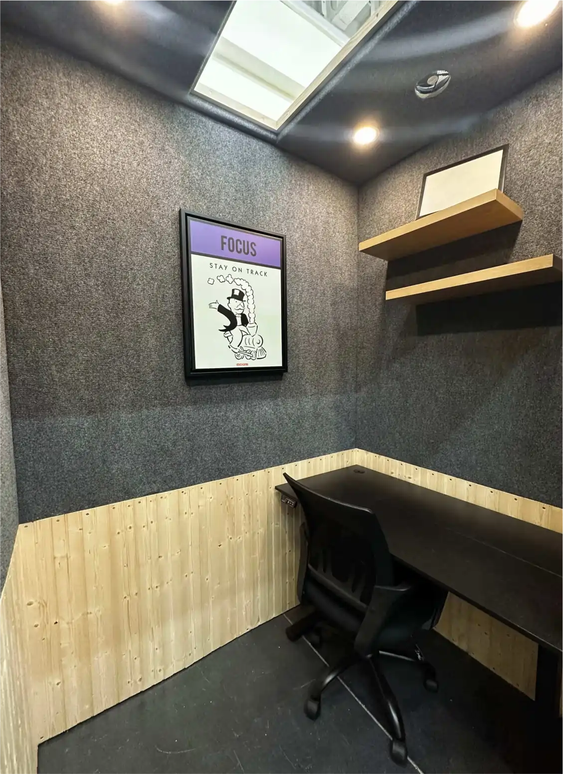 inside the work pod#2, small space, wood accents, standing desk, shelf with plant