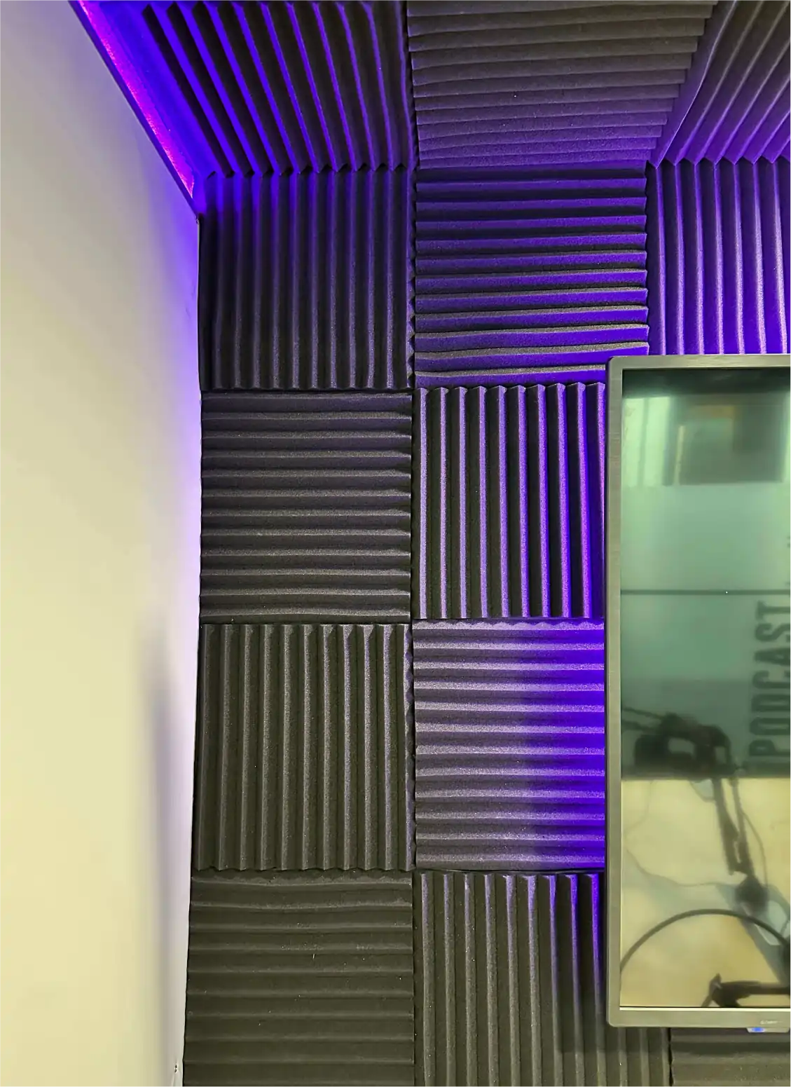 inside the podcast studio: table, mics, tv